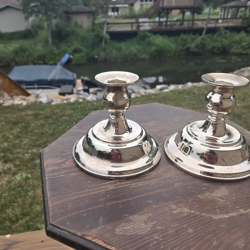 VTG Silver Plated Candlestick Holders Pair Round Base 4.5 Inch Taper